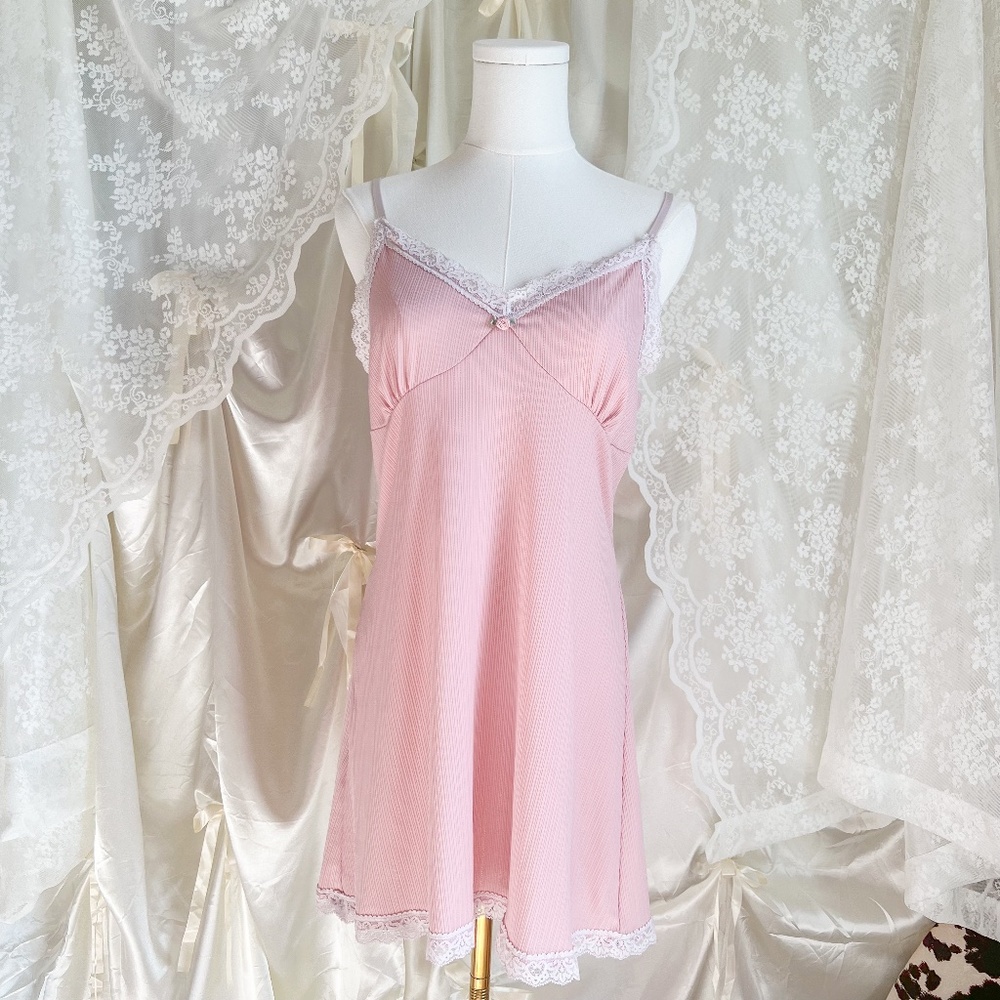 Pink Slip Dress with White Lace Trim